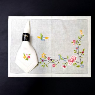 Bộ 01 khăn ăn & lót đĩa thêu cành đào chim 